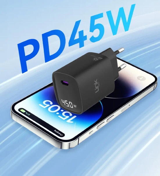 Linktech G857 Premium Tip-C Kablolu 45W USB-C Süper SI Şarj Adaptörü - PD 3.0, QC 4.0+, GaN3, Aşırı Akım Korumalı