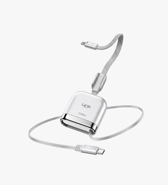 Linktech KN03 Fast 240W Manyetik Type-C Geri Sarılabilir Gümüş Örgü Kablo - Smart E-Marker Çip, PD 3.1 Süper Hızlı Şarj