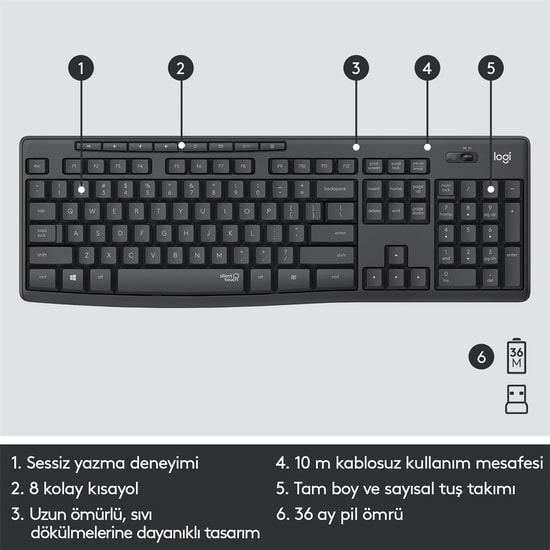 Logitech MK295 Sessiz Kablosuz Türkçe Q Düzen Klavye Mouse Seti (Siyah) (920-009804) - SilentTouch Teknolojisi