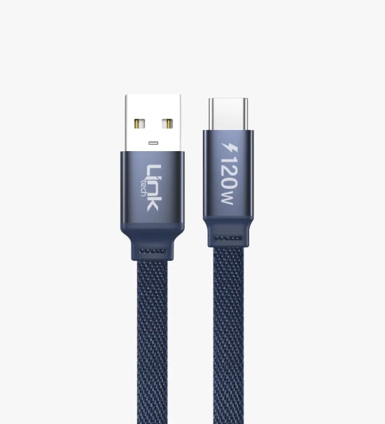 Linktech K577 Fast 1,5m 120W 6A Lacivert USB-A Type-C Kablo - 480 Mbps, Max 6A Desteği, Flat Braided, Anti-Tangle