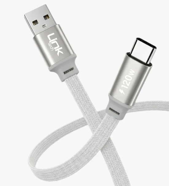 Linktech K577 Fast 1,5m 120W 6A Gri USB-A Type-C Kablo - 480 Mbps, Max 6A Desteği, Flat Braided, Anti-Tangle