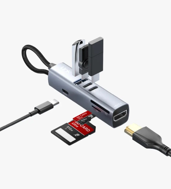Linktech A209 Premium 7si 1 Arada Type-C Hub ve TF/SD Kart Okuyucu Adaptörü - HDMI, 3xUSB-A, PD 100W Şarj, Metal Gövde