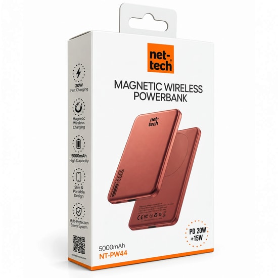 Nettech NT-PW44 NT-117920 Turuncu 5000mAh MagSafe Powerbank - 20W, PD Giriş, Type-C Kablo, 2 Çıkışlı, Hızlı Şarj