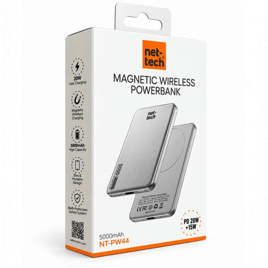 Nettech NT-PW44 NT-117922 Gri 5000mAh MagSafe Powerbank - 20W, PD Giriş, Type-C Kablo, 2 Çıkışlı, Hızlı Şarj