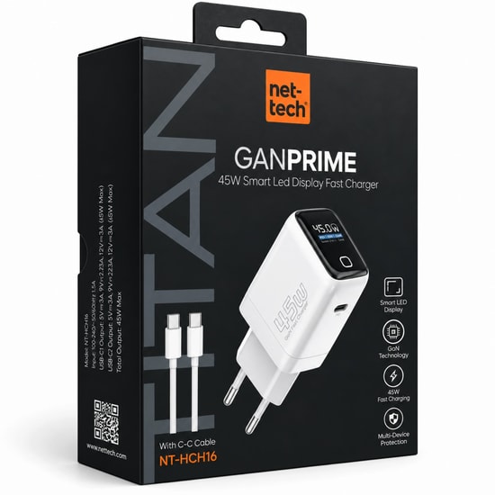Nettech NT-HCH16 45W Beyaz GaN Şarj Aleti - PD, 1 Çıkış, 1 Metre Type-C To Type-C Kablo, Hızlı Şarj Desteği