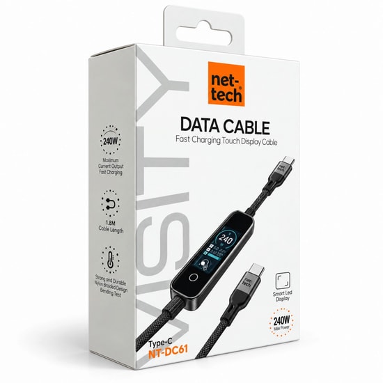 Nettech NT-DC61-SIYAH 240W İp Örgü Type-C To Type-C Kablo - 100 Cm, Hızlı Şarj, Data ve Görüntü Aktarımı