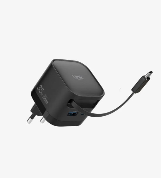 Linktech G855 Premium 35W 2 Girişli Type-C Kablolu GaN Şarj Adaptörü - PD3.0, PPS, QC4.0+, Çekilebilir USB-C Kablo