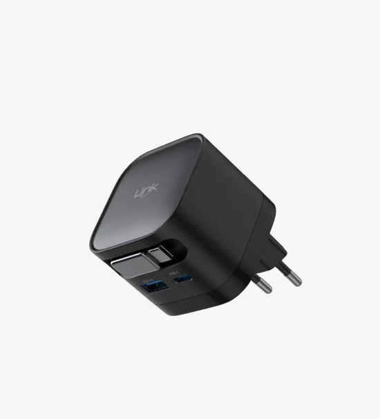 Linktech G855 Premium 35W 2 Girişli Type-C Kablolu GaN Şarj Adaptörü - PD3.0, PPS, QC4.0+, Çekilebilir USB-C Kablo