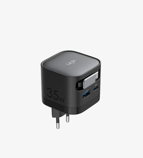 Linktech G855 Premium 35W 2 Girişli Type-C Kablolu GaN Şarj Adaptörü - PD3.0, PPS, QC4.0+, Çekilebilir USB-C Kablo