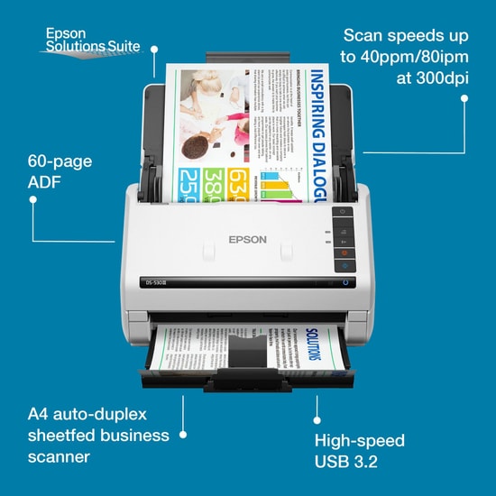 Epson WorkForce DS-530III ADF Tarayıcı (B11B286402) - 40 ppm, 80 ipm, 600 dpi, 60 Sayfa, A4 Belgeler