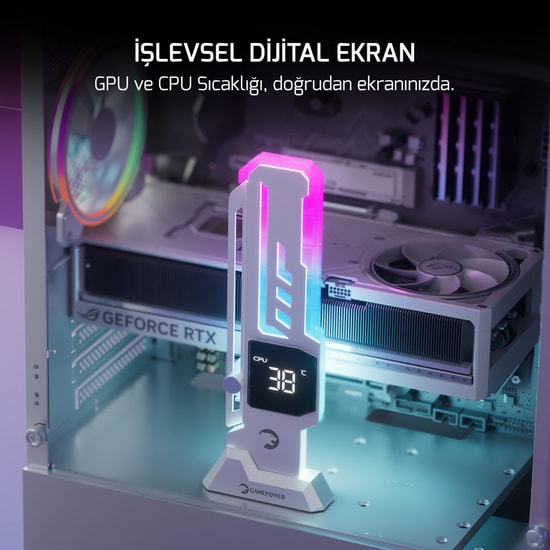 Gamepower Heatsync (HEATSYNC-V2-ARGB-BEYAZ) Ekran Kartı Tutucu - Dijital Ekran, 60-163 mm, 9-pin USB 2.0