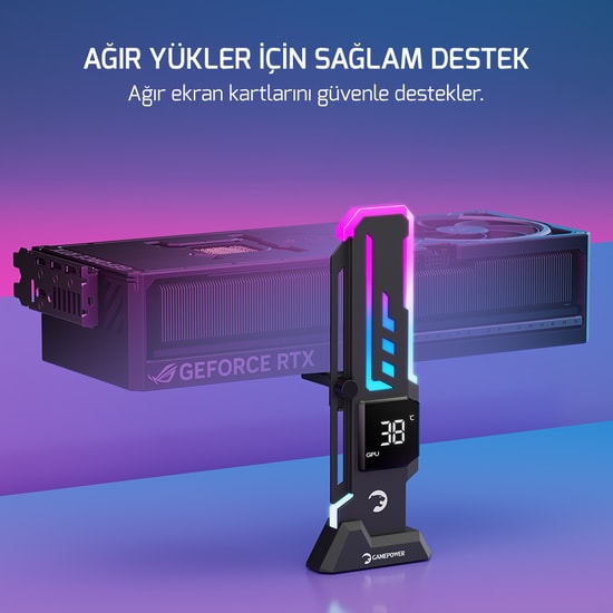 Gamepower Heatsync V2 ARGB Siyah Ekran Kartı Tutucu - Dijital Ekran, 60-163 mm, 9-pin USB 2.0, 5V 3-Pin, Metal, ABS, PC