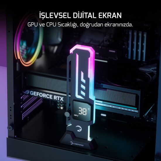Gamepower Heatsync V2 ARGB Siyah Ekran Kartı Tutucu - Dijital Ekran, 60-163 mm, 9-pin USB 2.0, 5V 3-Pin, Metal, ABS, PC