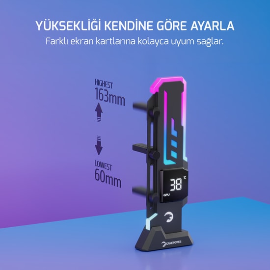 Gamepower Heatsync V2 ARGB Siyah Ekran Kartı Tutucu - Dijital Ekran, 60-163 mm, 9-pin USB 2.0, 5V 3-Pin, Metal, ABS, PC