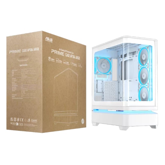 Asus PRIME AP304 TG ARGB Beyaz ATX Bilgisayar Kasası - Temperli Cam, USB 3.2 Gen2, 4x120mm ARGB Fan, 420mm GPU Desteği