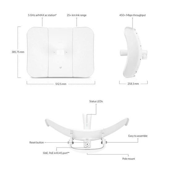 Ubiquiti LiteBeam LBE-5AC-LR 5GHz 450Mbps 2x2 MIMO Dış Ortam Access Point - 26dBi Anten, 1x Gigabit Ethernet, PoE