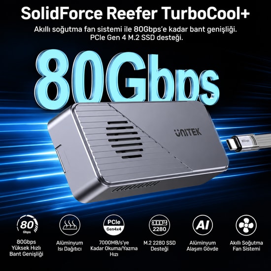 Unitek TURBOCOOL+ 80Gbps M.2 NVMe SSD Kutusu (S1253BGY01) - USB Type-C Bağlantı, 114 × 52.2 × 26.5 mm, 60 Ay Garanti