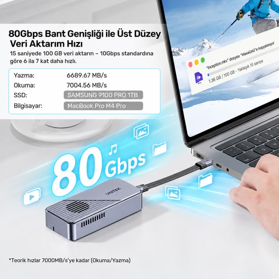 Unitek TURBOCOOL+ 80Gbps M.2 NVMe SSD Kutusu (S1253BGY01) - USB Type-C Bağlantı, 114 × 52.2 × 26.5 mm, 60 Ay Garanti