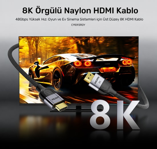 Unitek C11093RGY01-1.5 Örgülü 1,5 Metre HDMI Kablo - HDMI 2.1, 8K Çözünürlük, CE Sertifikalı Görüntü Aktarımı