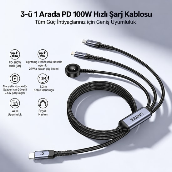 Unitek C14180AGY01-1.2M USB-C 3'ü 1 Arada Hızlı Şarj Kablosu - 100W, Çoklu Şarj Kablosu, 1.2 Metre
