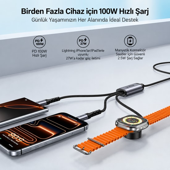 Unitek C14180AGY01-1.2M USB-C 3'ü 1 Arada Hızlı Şarj Kablosu - 100W, Çoklu Şarj Kablosu, 1.2 Metre