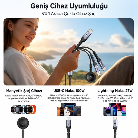 Unitek C14180AGY01-1.2M USB-C 3'ü 1 Arada Hızlı Şarj Kablosu - 100W, Çoklu Şarj Kablosu, 1.2 Metre