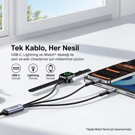 Unitek C14180AGY01-1.2M USB-C 3'ü 1 Arada Hızlı Şarj Kablosu - 100W, Çoklu Şarj Kablosu, 1.2 Metre