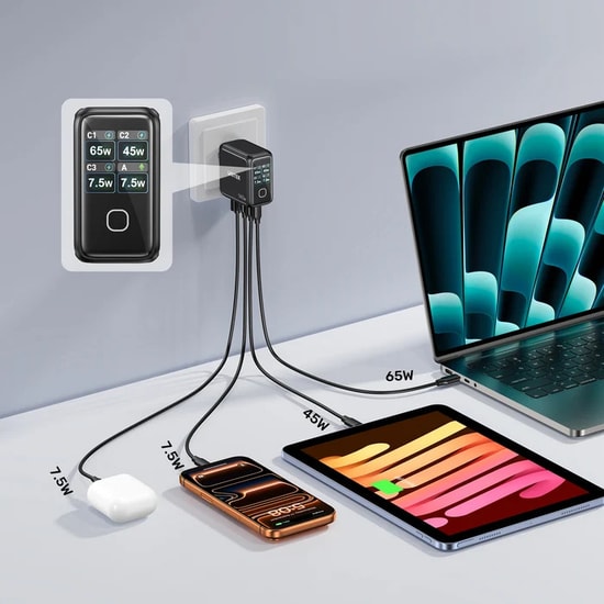 Unitek REXO P1132ABK01-EU 140W 4 Portlu Akıllı Ekranlı GaN Şarj Cihazı - Şarj Adaptörü, CE Sertifikalı
