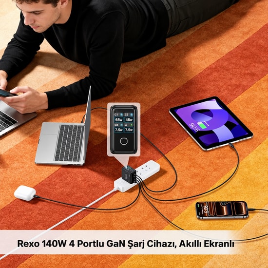 Unitek REXO P1132ABK01-EU 140W 4 Portlu Akıllı Ekranlı GaN Şarj Cihazı - Şarj Adaptörü, CE Sertifikalı