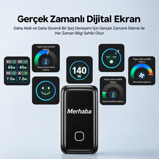Unitek REXO P1132ABK01-EU 140W 4 Portlu Akıllı Ekranlı GaN Şarj Cihazı - Şarj Adaptörü, CE Sertifikalı