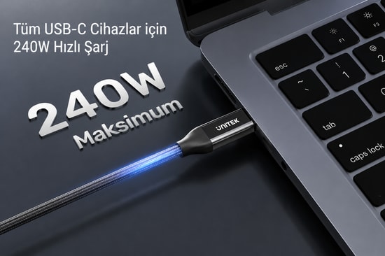 Unitek USB4 Type-C Kablo (C14100ABK01-2M) - 240W, USB Kablo Tipi, 2 Metre Kablo Uzunluğu, CE Sertifikalı Kablo