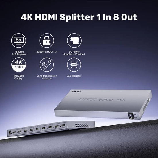 Unitek V1132A01-EU 4K HDMI 1 Giriş 8 Çıkış Splitter - 30Hz UHD, HDCP 1.4a, 3D Full HD, PCM 7.1ch, Tak Çalıştır
