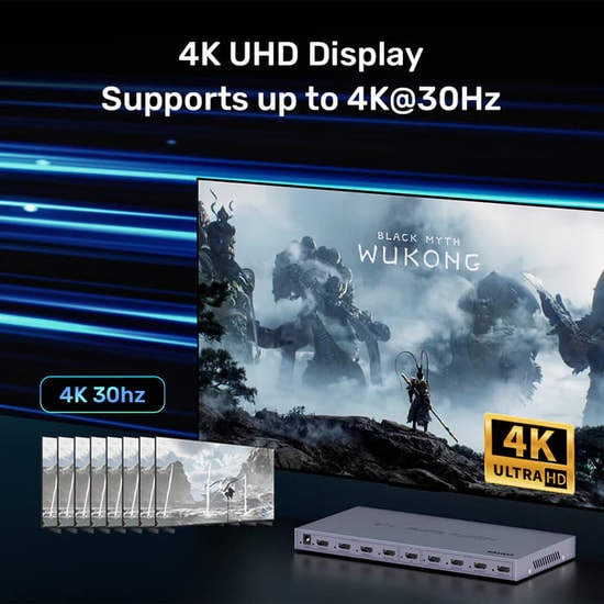 Unitek V1132A01-EU 4K HDMI 1 Giriş 8 Çıkış Splitter - 30Hz UHD, HDCP 1.4a, 3D Full HD, PCM 7.1ch, Tak Çalıştır