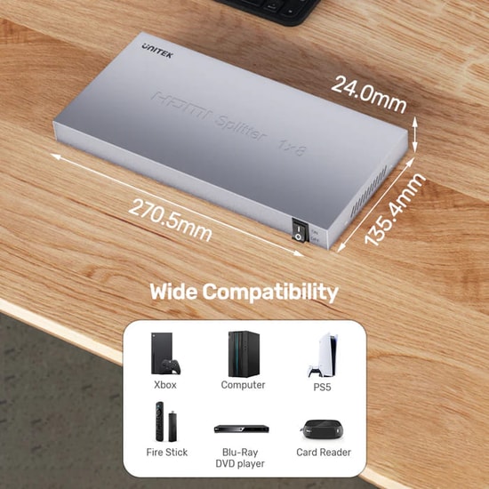 Unitek V1132A01-EU 4K HDMI 1 Giriş 8 Çıkış Splitter - 30Hz UHD, HDCP 1.4a, 3D Full HD, PCM 7.1ch, Tak Çalıştır