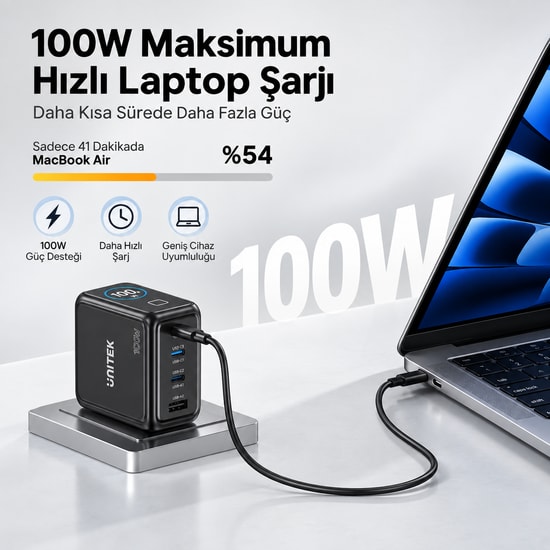 Unitek Rexo 100W 4 Portlu Akıllı Ekranlı GaN Şarj Cihazı (P1132ABK01-EU) - Type-C + USB, Hızlı Şarj, Dijital Gösterge