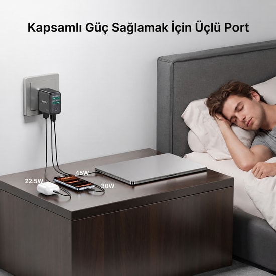Unitek Rexo 100W 4 Portlu Akıllı Ekranlı GaN Şarj Cihazı (P1132ABK01-EU) - Type-C + USB, Hızlı Şarj, Dijital Gösterge