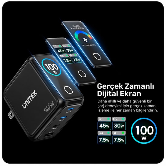 Unitek Rexo 100W 4 Portlu Akıllı Ekranlı GaN Şarj Cihazı (P1132ABK01-EU) - Type-C + USB, Hızlı Şarj, Dijital Gösterge