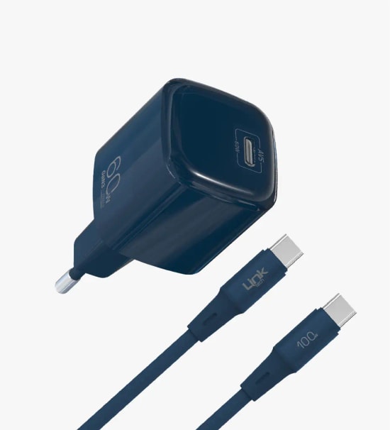 Linktech G866 Safe Type-C Kablolu 60W GaN AVS Lacivert Hızlı Şarj Adaptörü - PD 3.0, PPS, QC 4.0, Akım Koruma