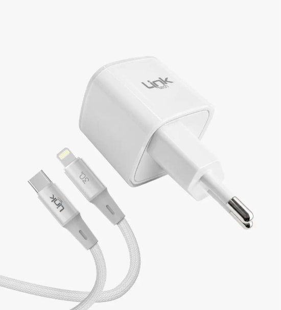 Linktech G824 Safe Type-C–Lightning Kablolu Beyaz 30W GaN Hızlı Şarj Adaptörü - PD 3.0, PPS, QC 4.0, Akım Koruma, 70gr