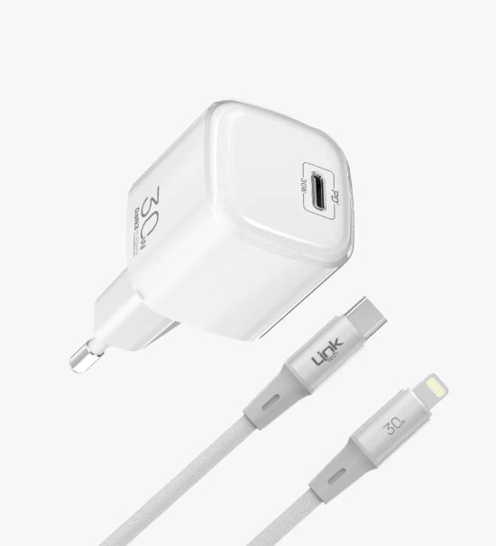 Linktech G824 Safe Type-C–Lightning Kablolu Beyaz 30W GaN Hızlı Şarj Adaptörü - PD 3.0, PPS, QC 4.0, Akım Koruma, 70gr