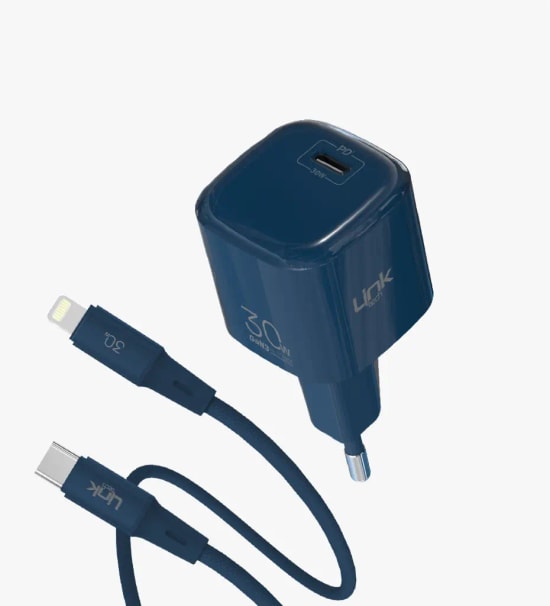 Linktech G824 Safe Type-C–Lightning Kablolu Lacivert 30W GaN Hızlı Şarj Adaptörü - PD 3.0, PPS, QC 4.0, Akım Koruma