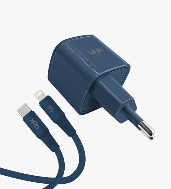 Linktech G824 Safe Type-C–Lightning Kablolu Lacivert 30W GaN Hızlı Şarj Adaptörü - PD 3.0, PPS, QC 4.0, Akım Koruma