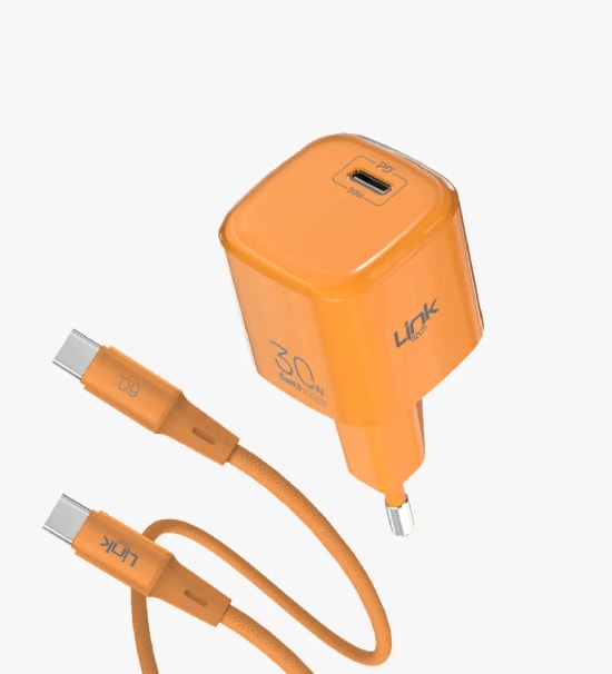 Linktech G823 Safe Type-C Kablolu 30W GaN Turuncu Hızlı Şarj Adaptörü - GaN Tech 3, PD 3.0, PPS, QC 4.0, Akım Koruma