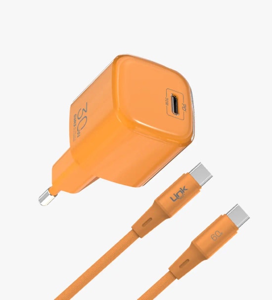 Linktech G823 Safe Type-C Kablolu 30W GaN Turuncu Hızlı Şarj Adaptörü - GaN Tech 3, PD 3.0, PPS, QC 4.0, Akım Koruma