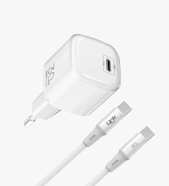 Linktech G823 Safe Type-C Kablolu 30W GaN Beyaz Hızlı Şarj Adaptörü - GaN Tech 3, PD 3.0, PPS, QC 4.0, Akım Koruma