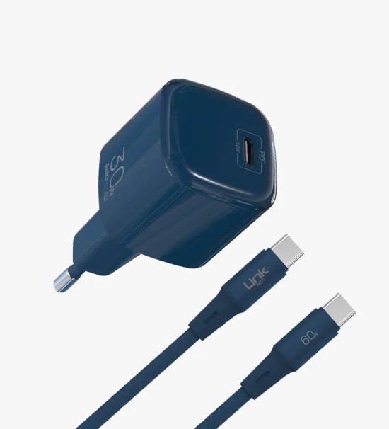 Linktech G823 Safe Type-C Kablolu 30W GaN Lacivert Hızlı Şarj Adaptörü - GaN Tech 3, PD 3.0, PPS, QC 4.0, Akım Koruma