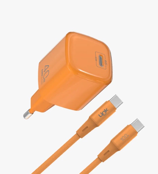 Linktech G864 Safe Type-C Kablolu 40W GaN AVS Turuncu Hızlı Şarj Adaptörü - PD 3.0, PPS, QC 4.0, Akım Koruma