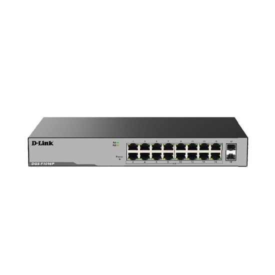 D-Link DL-DGS-F1016P 16 Port Gigabit PoE Switch - 2x Gigabit SFP Uplink, 350W PoE, Yönetilemez Metal Kasa