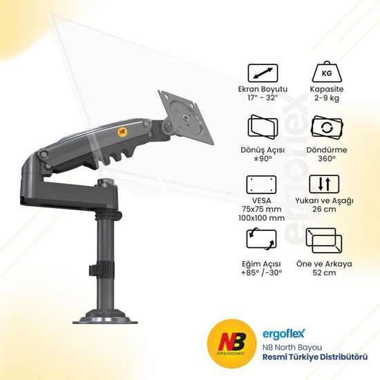 North Bayou NB-H100 17-32 İnç Amortisörlü Tek Kollu Monitör Standı - 9 kg, VESA 75x75/100x100 mm, Hareketli