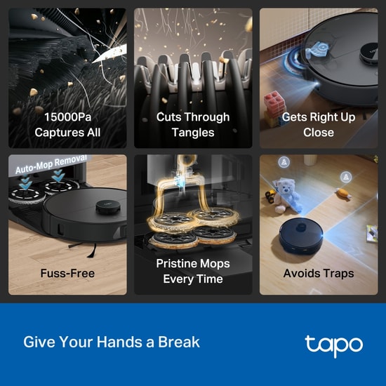 TP-Link Tapo RV50 Pro Omni Robot Süpürge ve Paspas - 15.000 Pa Emiş Gücü, 60C Sıcak Su Mop Yıkama, 50C Hava Kurutma